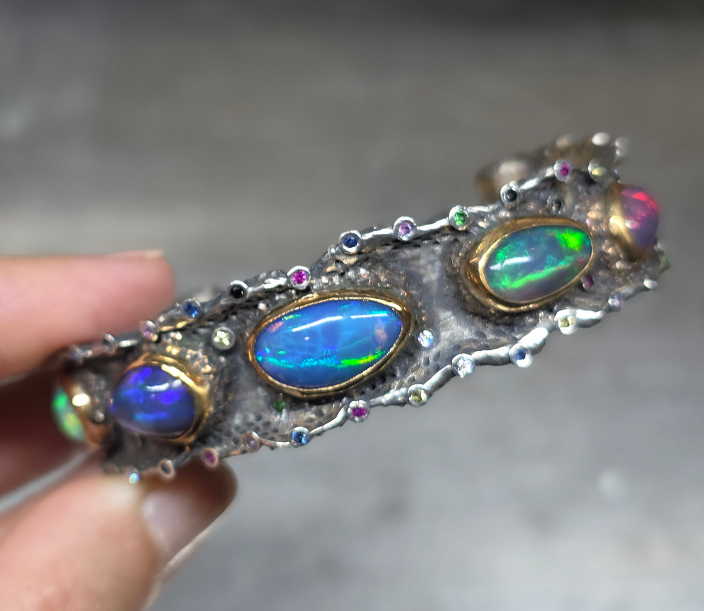 Rustic Silver & Gold Opal Gemstone Cuff Bracelet - Large #614