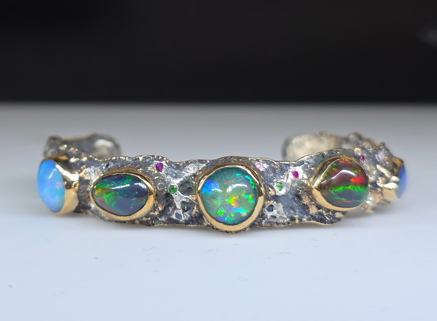 Rustic Silver & Gold Opal Gemstone Cuff Bracelet - Small #610