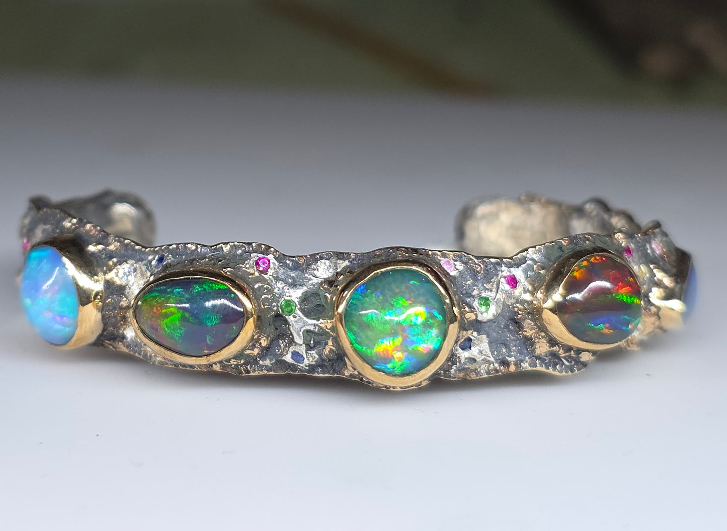 Rustic Silver & Gold Opal Gemstone Cuff Bracelet - Small #610
