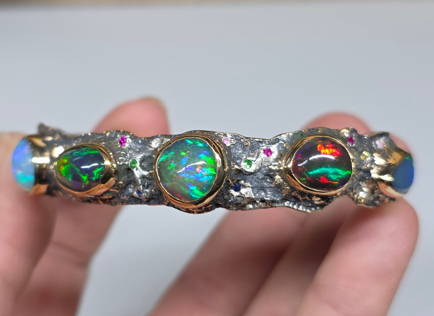 Rustic Silver & Gold Opal Gemstone Cuff Bracelet - Small #610