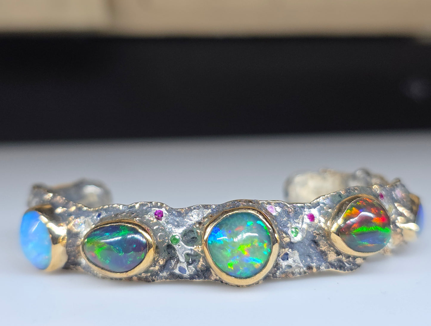 Rustic Silver & Gold Opal Gemstone Cuff Bracelet - Small #610