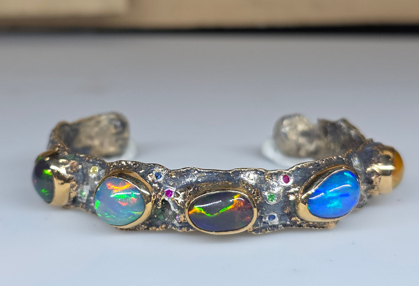 Rustic Silver & Gold Opal Gemstone Cuff Bracelet - Small #611