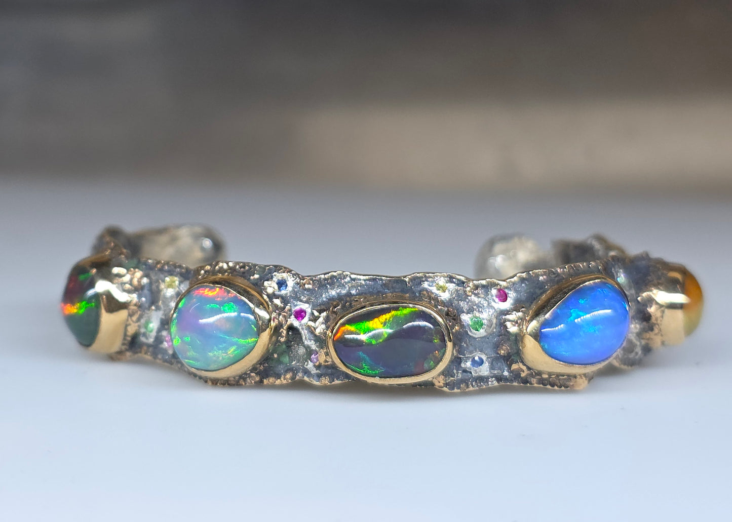 Rustic Silver & Gold Opal Gemstone Cuff Bracelet - Small #611