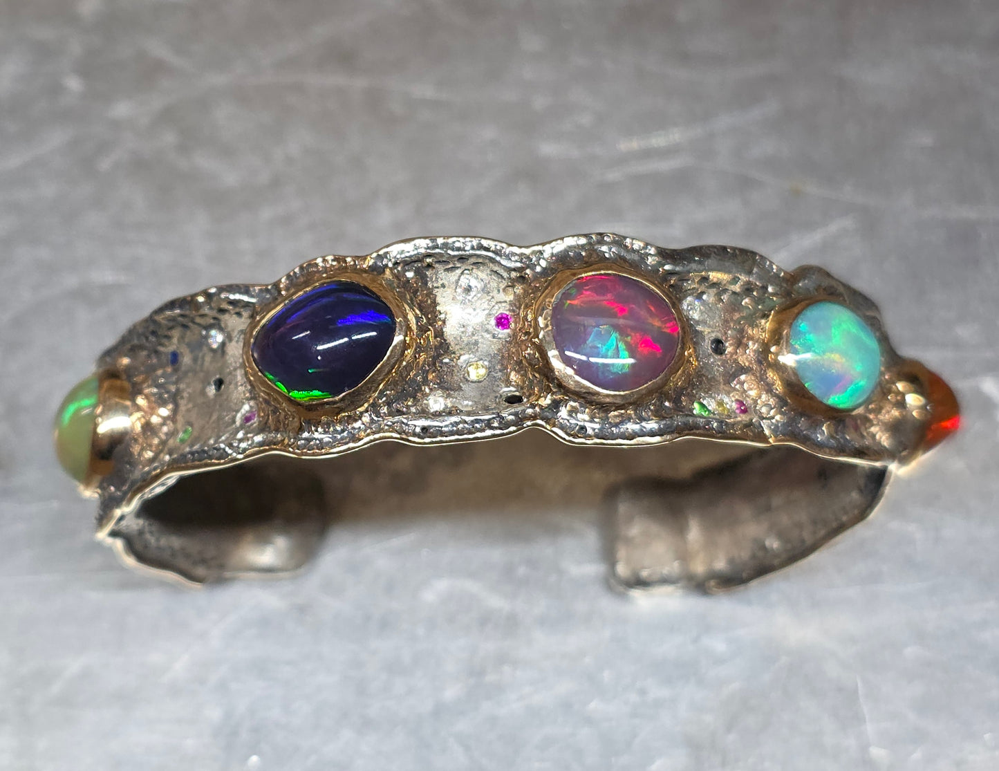 Rustic Silver & Gold Opal Gemstone Cuff Bracelet - Large #613