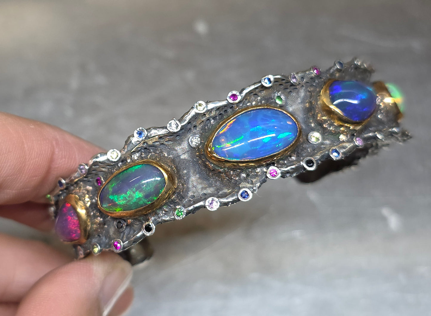 Rustic Silver & Gold Opal Gemstone Cuff Bracelet - Large #614