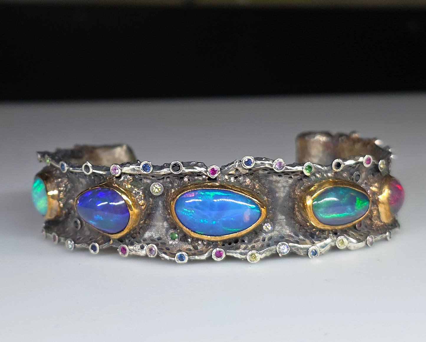 Rustic Silver & Gold Opal Gemstone Cuff Bracelet - Large #614