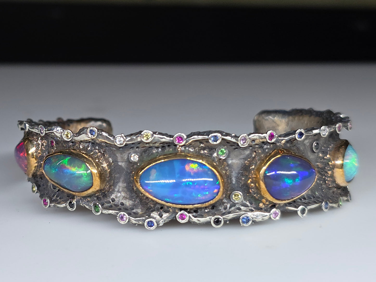 Rustic Silver & Gold Opal Gemstone Cuff Bracelet - Large #614