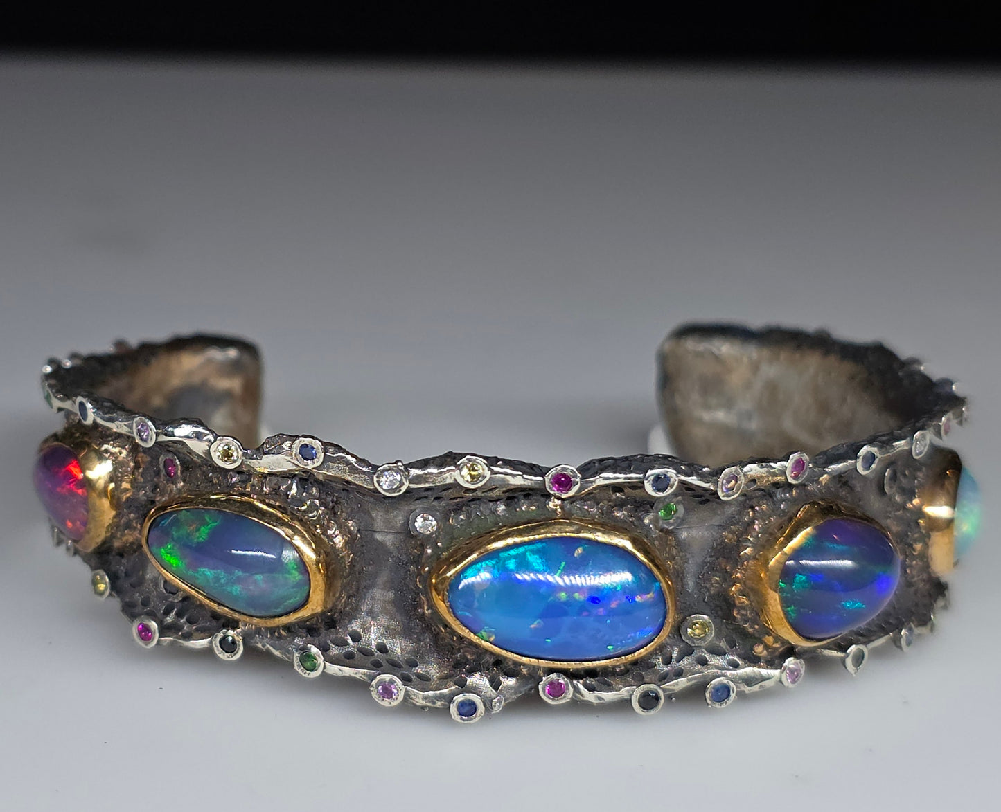 Rustic Silver & Gold Opal Gemstone Cuff Bracelet - Large #614