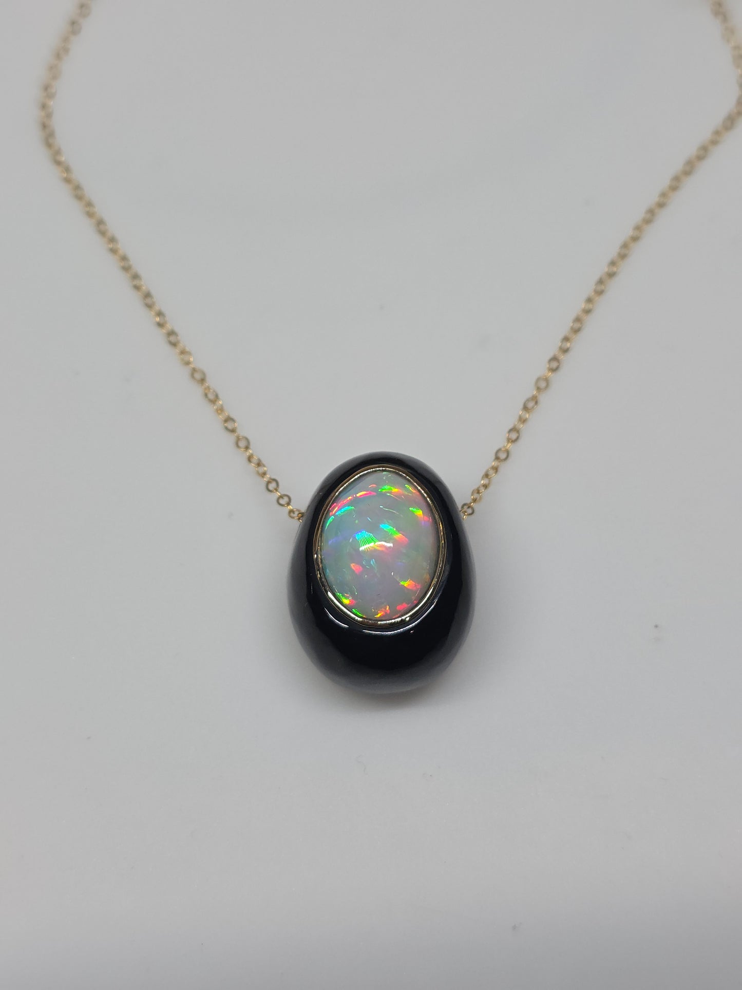 White Opal & Black Onyx Pendant - 14k Gold Necklace #619