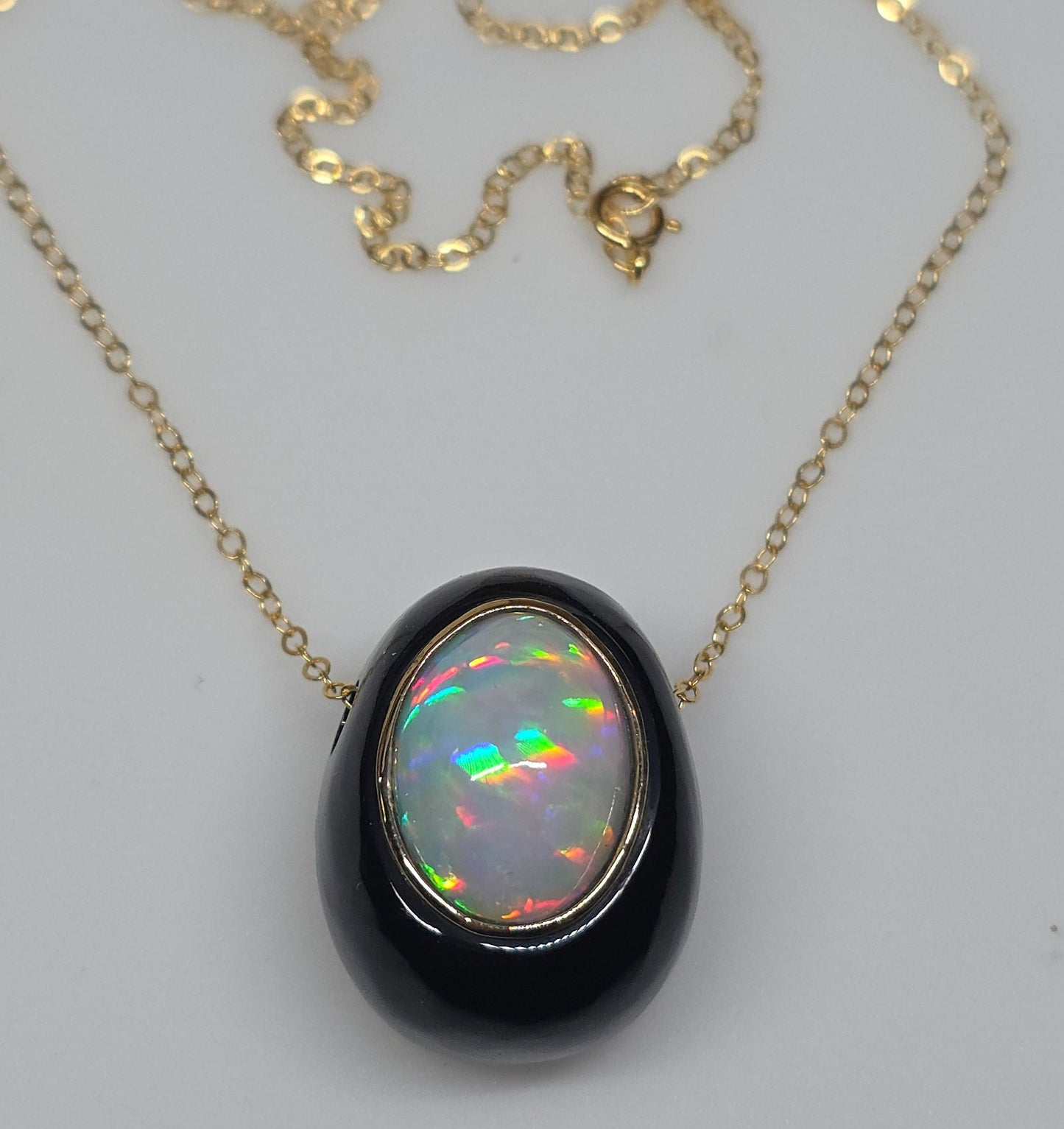 White Opal & Black Onyx Pendant - 14k Gold Necklace #619