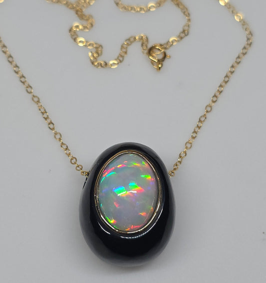 White Opal & Black Onyx Pendant - 14k Gold Necklace #619