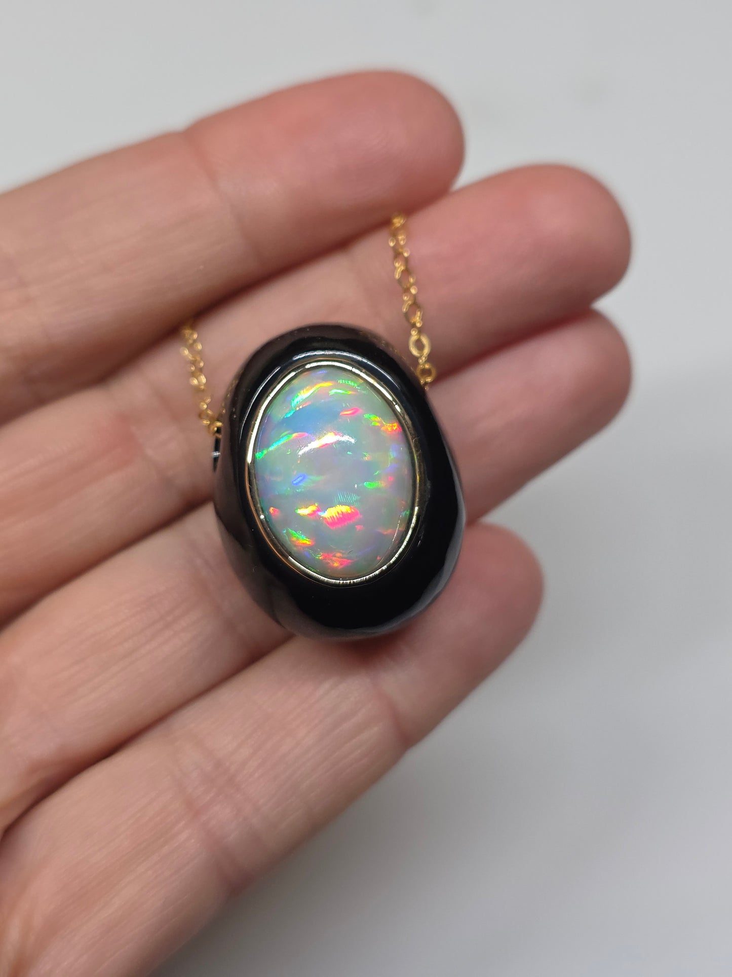 White Opal & Black Onyx Pendant - 14k Gold Necklace #619