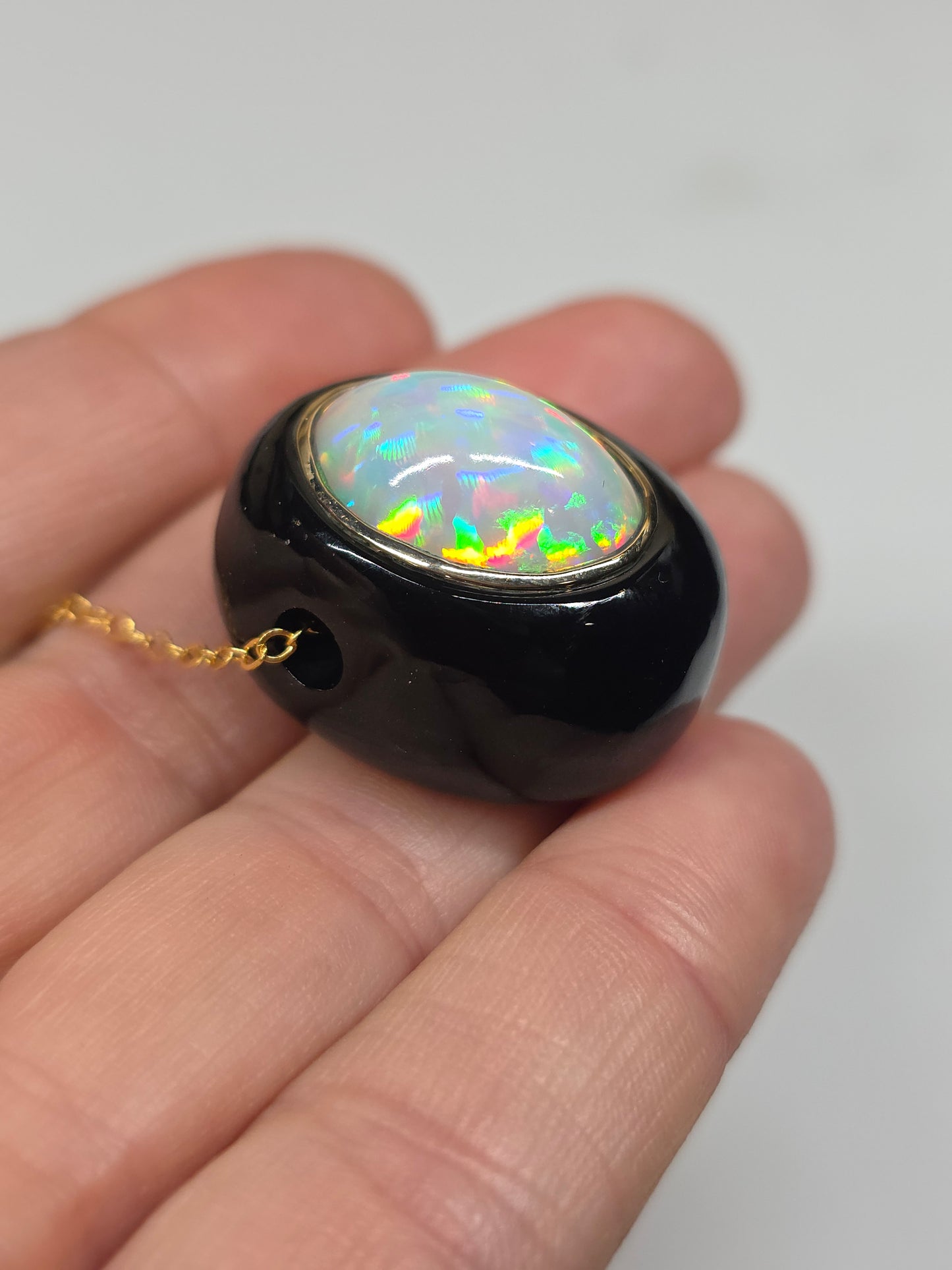 White Opal & Black Onyx Pendant - 14k Gold Necklace #619