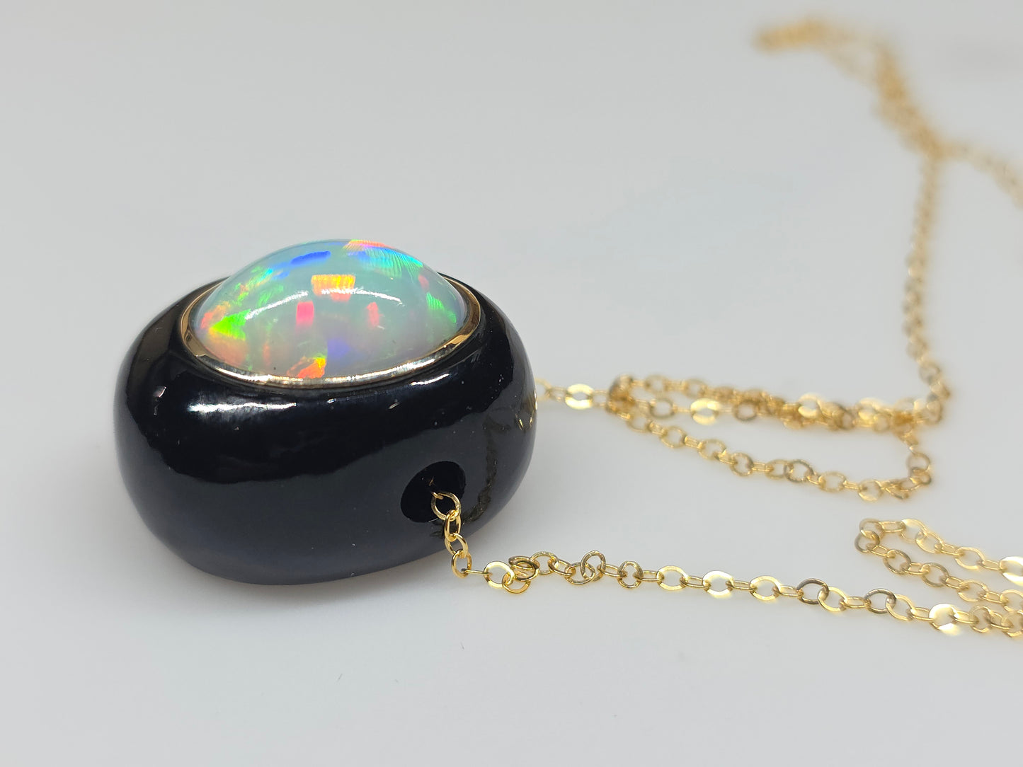 White Opal & Black Onyx Pendant - 14k Gold Necklace #619