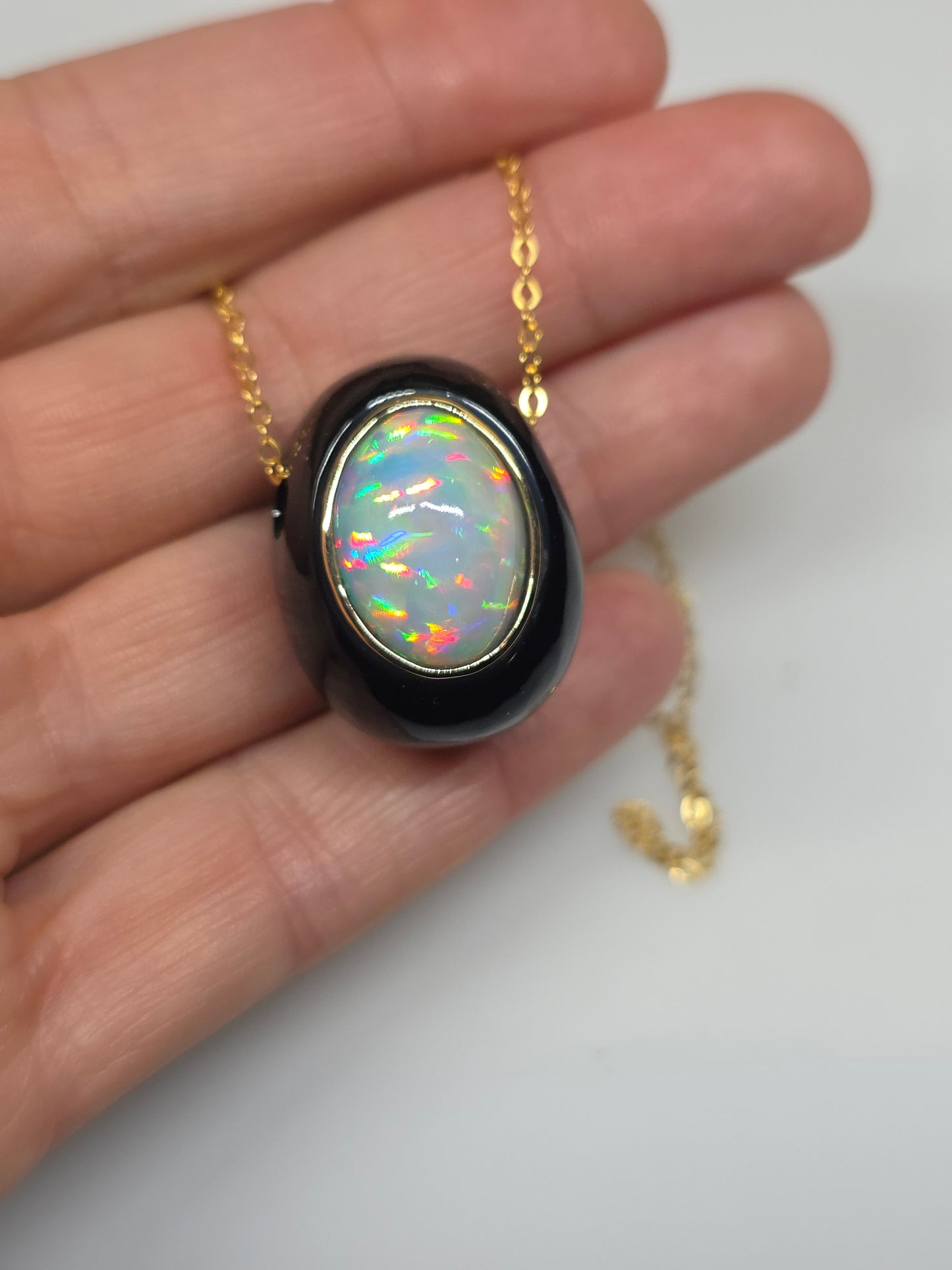 White Opal & Black Onyx Pendant - 14k Gold Necklace #619