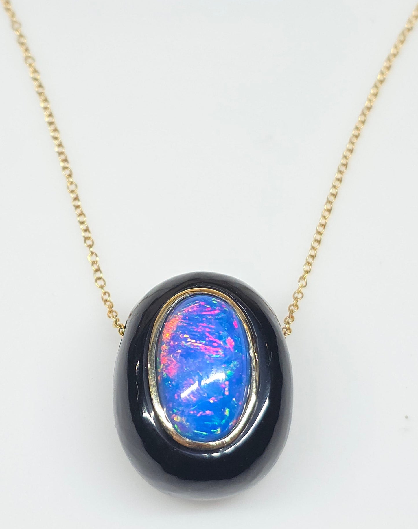Blue Opal & Black Onyx Pendant - 14k Gold Necklace #620