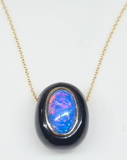 Blue Opal & Black Onyx Pendant - 14k Gold Necklace #620