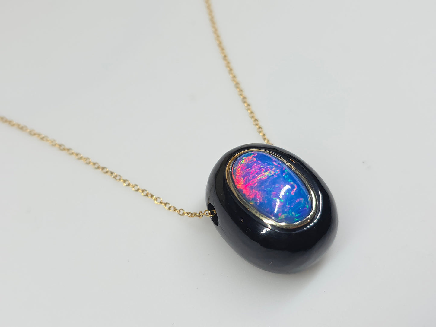 Blue Opal & Black Onyx Pendant - 14k Gold Necklace #620