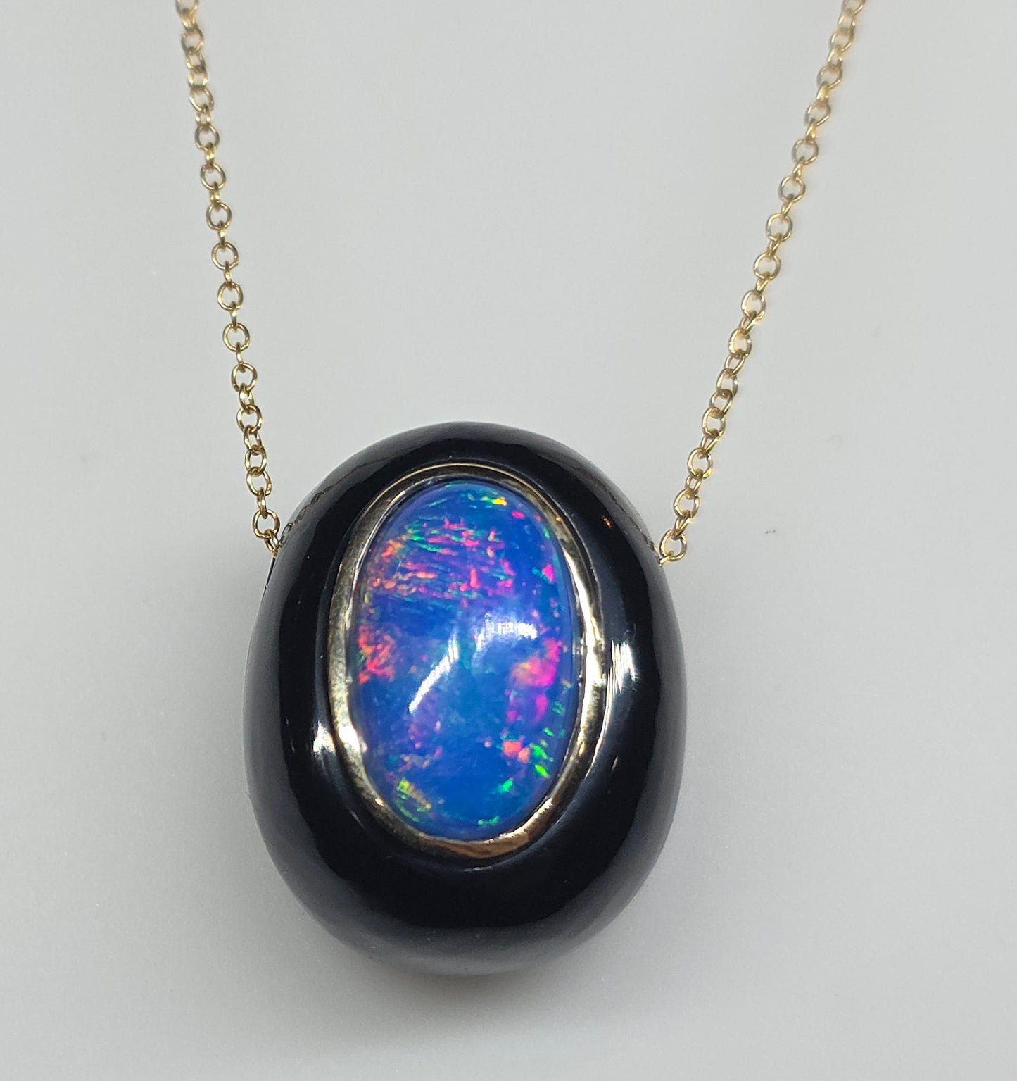 Blue Opal & Black Onyx Pendant - 14k Gold Necklace #620