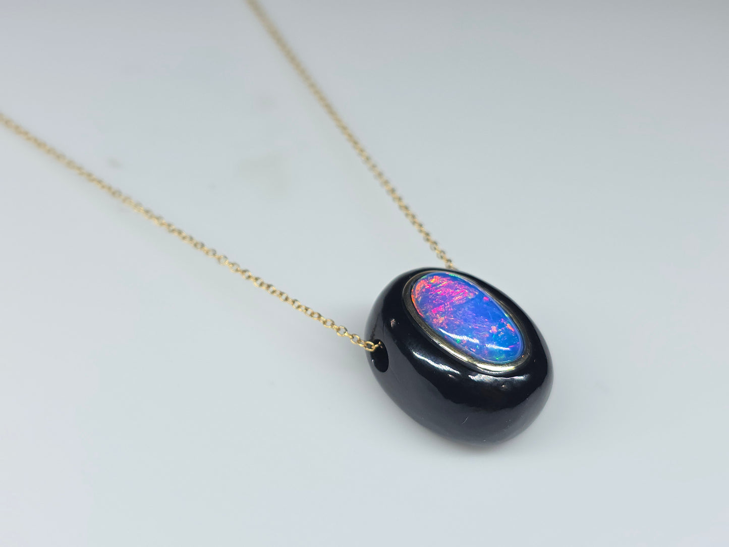 Blue Opal & Black Onyx Pendant - 14k Gold Necklace #620