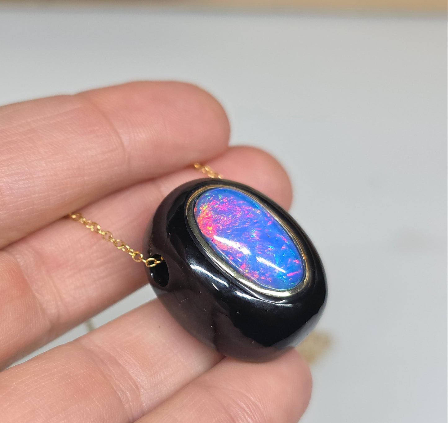 Blue Opal & Black Onyx Pendant - 14k Gold Necklace #620