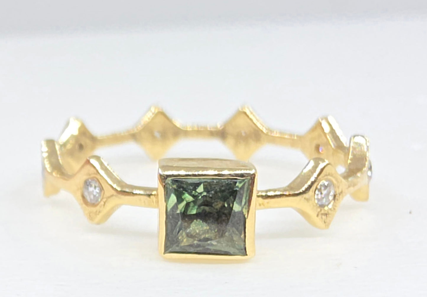 Green Sapphire Stacking Ring 14k Yellow Gold - Handmade Jewelry #642