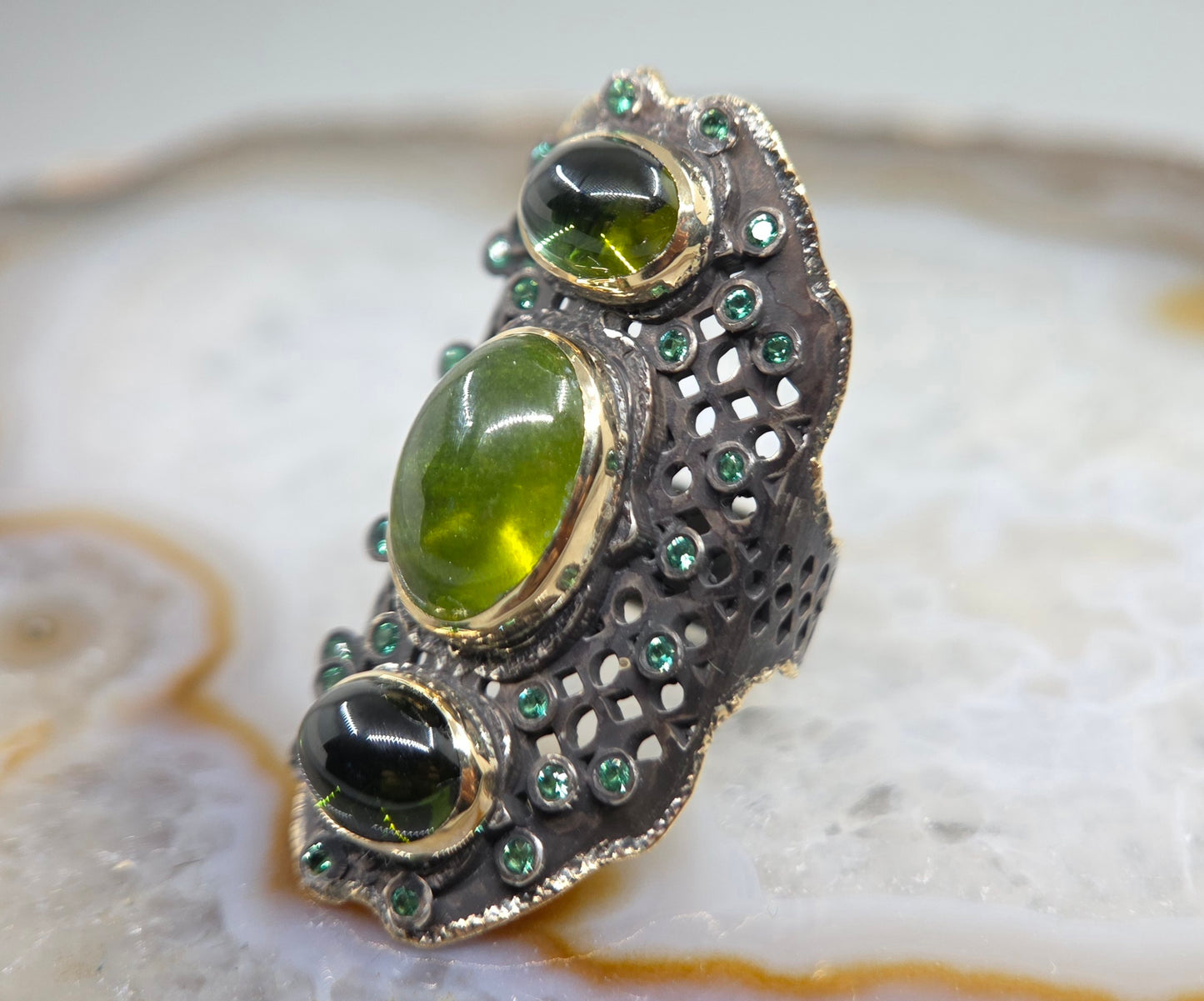 Green Gemstone Rustic Sterling Silver & Gold Ring #669