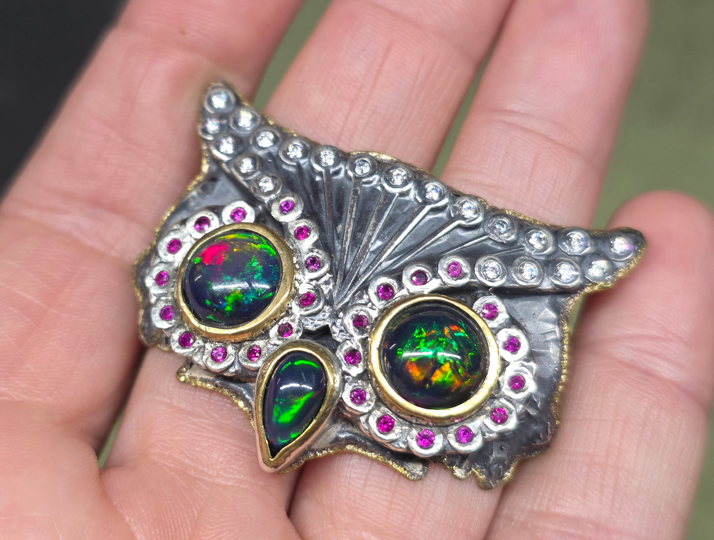 Black Opal Owl Ring Rustic Sterling Silver & Brass #673