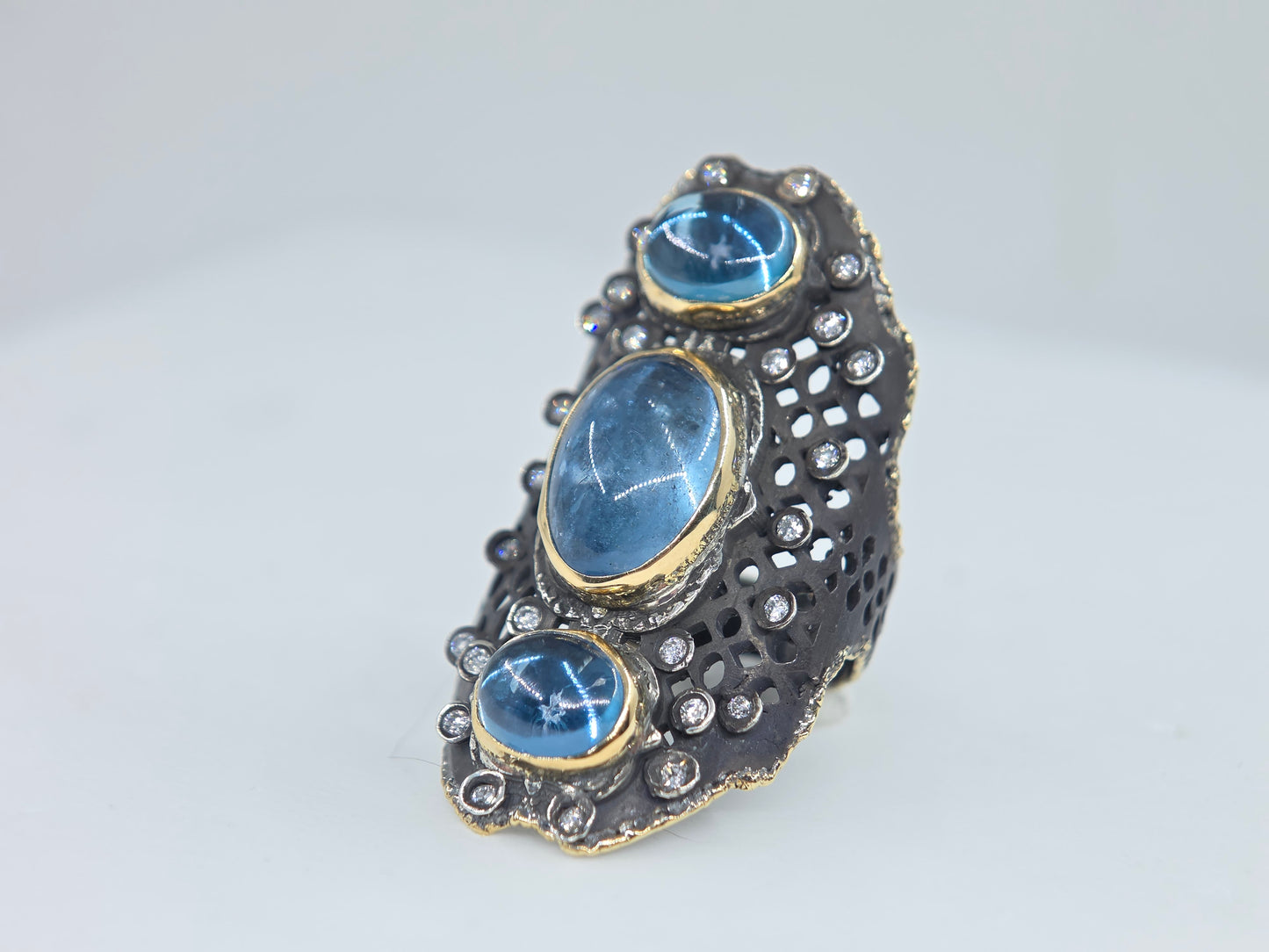 Aquamarine Blue Gemstone Rustic Sterling Silver & Gold Ring #679