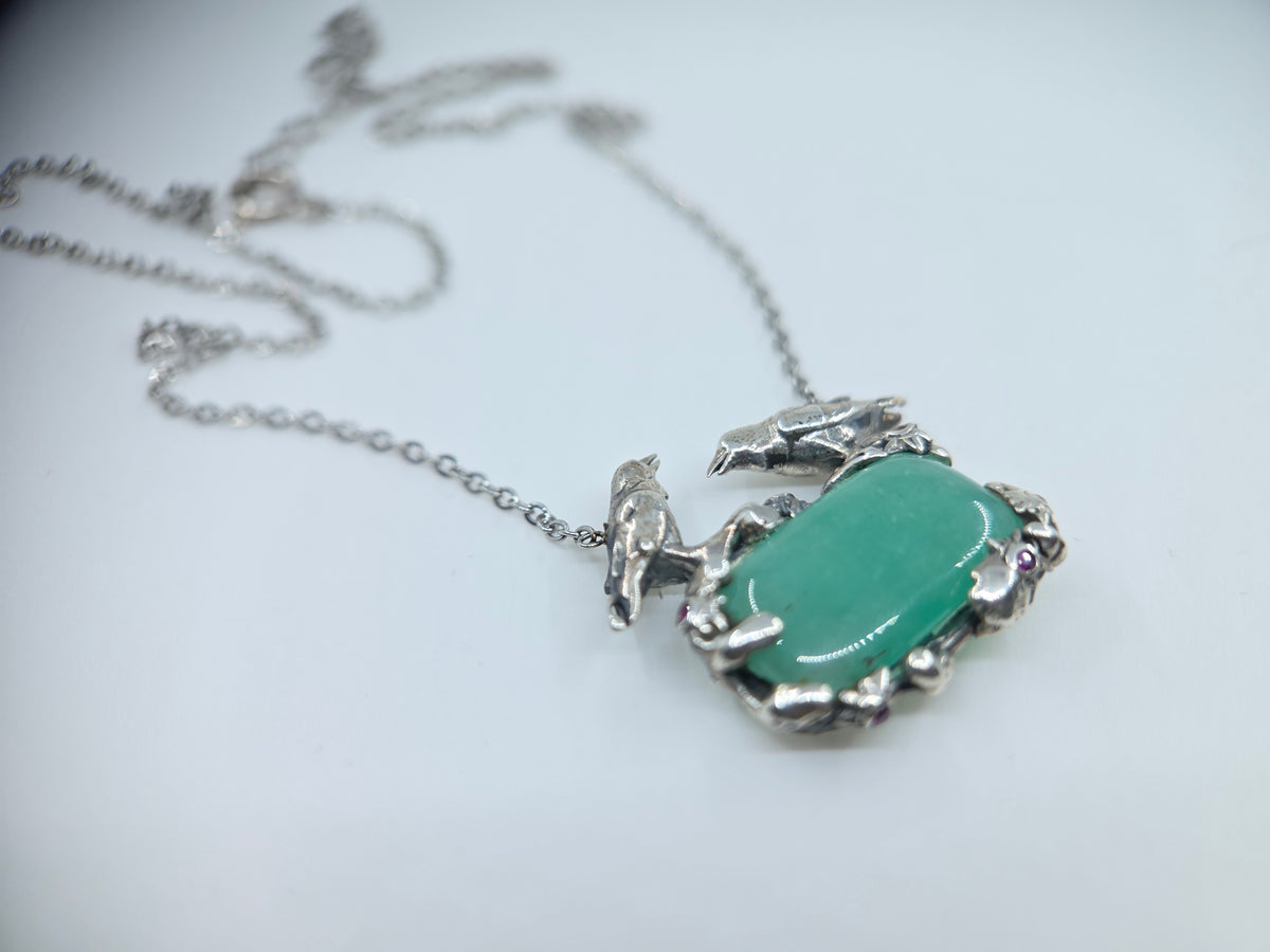 Natural Emerald Pendant Sterling Silver Crow Bird Jewelry #683