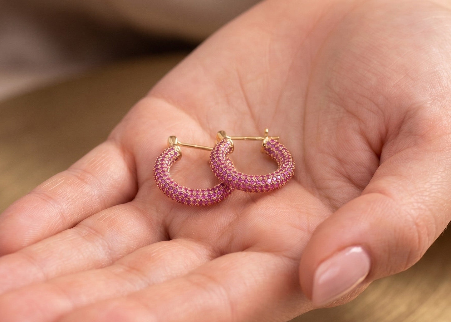 Pink Gemstone Gold Plated Hoop Earrings #650