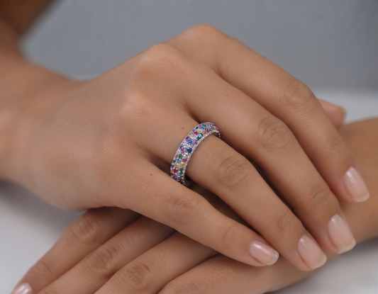 Multi-Color Gemstone Eternity Band Sterling Silver Ring #659
