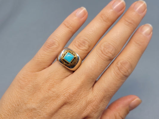 Sterling Silver & Brass Turquoise Gemstone Signet Ring #671