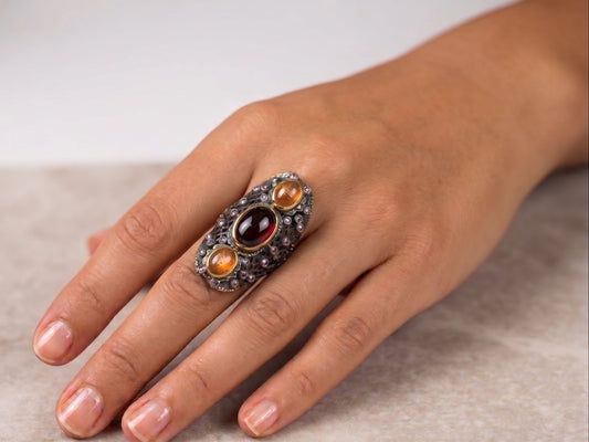 Red Garnet & Sunstone Rustic Sterling Silver & Gold Ring #678