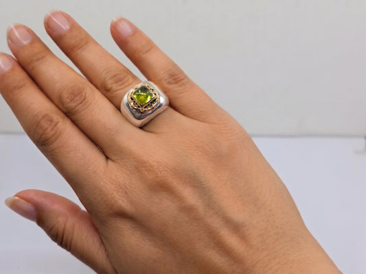 Sterling Silver & Brass Green Peridot Gemstone Signet Ring #686