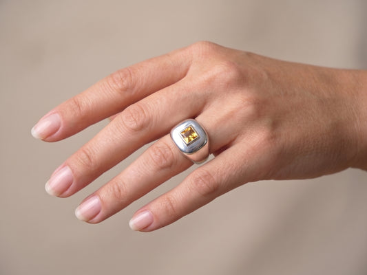 Sterling Silver Yellow Citrine Gemstone Signet Ring #687
