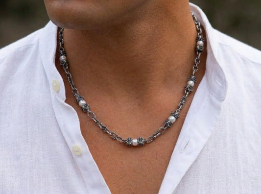 Rustic Silver & Pearl Link Chain - Custom Made Jewelry #688