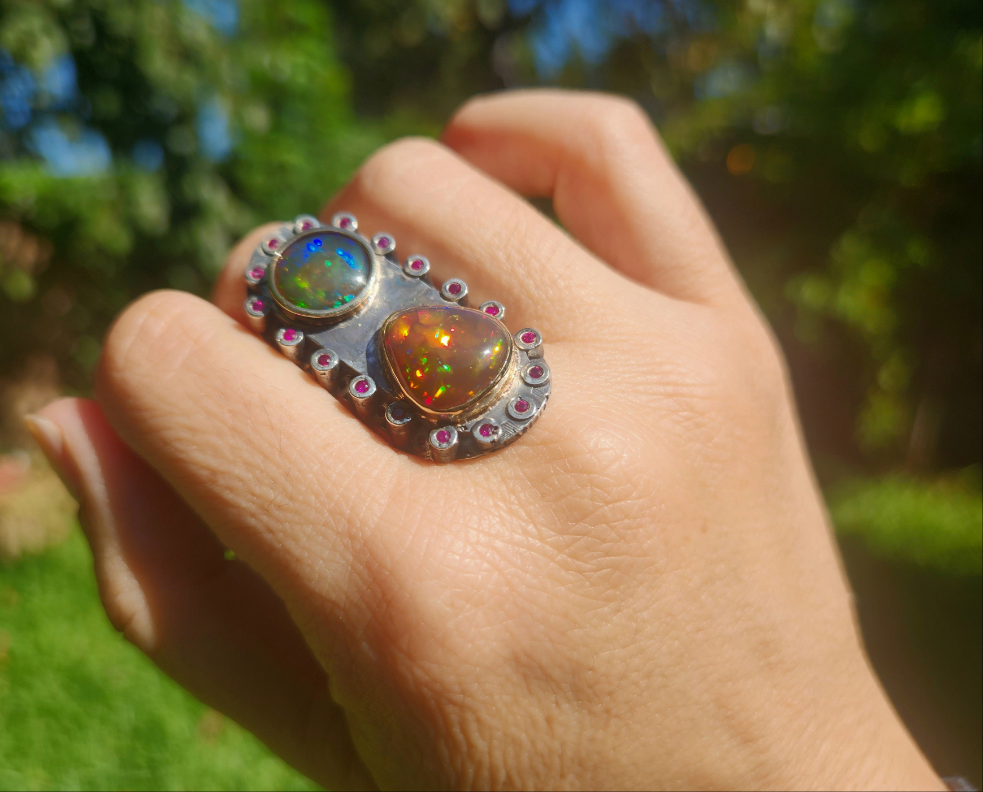 Black Opal & Ruby Rustic Sterling Silver & Gold Ring #523