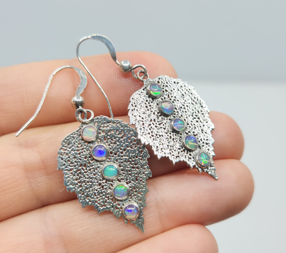 Natural Opal Leaf Earrings Sterling Silver Gemstone Jewelry #498