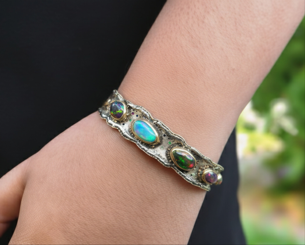 Rustic Silver & Gold Opal Gemstone Cuff Bracelet - Large #614