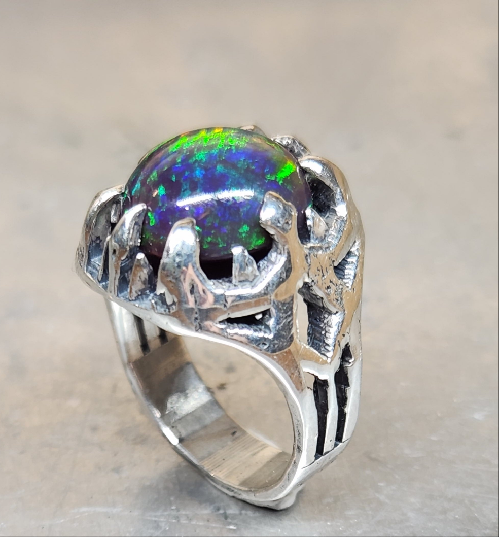 Opal Rustic Sterling Silver & Gold Ring #589