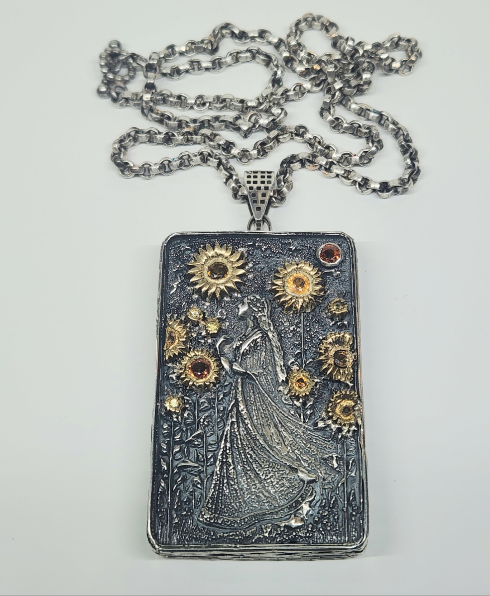 Made To Order - Carved Lady Pendant Sterling Silver & Brass Pendant