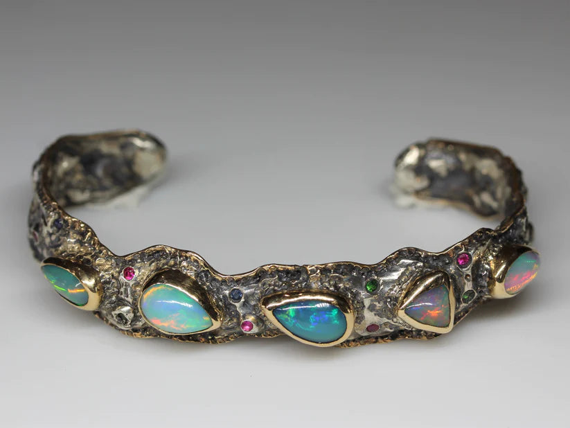 Made To Order - Rustic Silver & Gold Opal Gemstone Cuff Bracelet