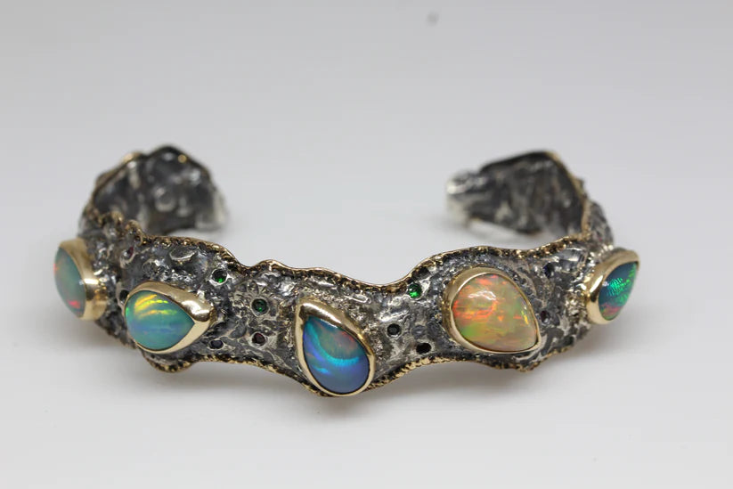 Made To Order - Rustic Silver & Gold Opal Gemstone Cuff Bracelet