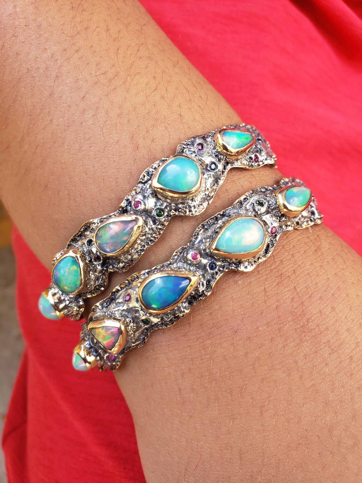 Made To Order - Rustic Silver & Gold Opal Gemstone Cuff Bracelet