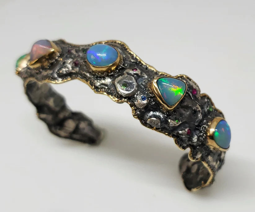 Made To Order - Rustic Silver & Gold Opal Gemstone Cuff Bracelet