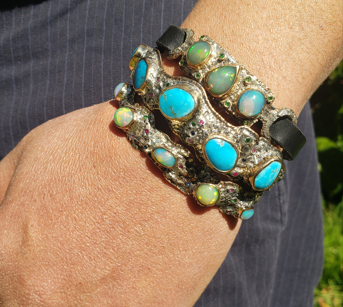 Made To Order - Rustic Silver & Gold Opal Gemstone Cuff Bracelet