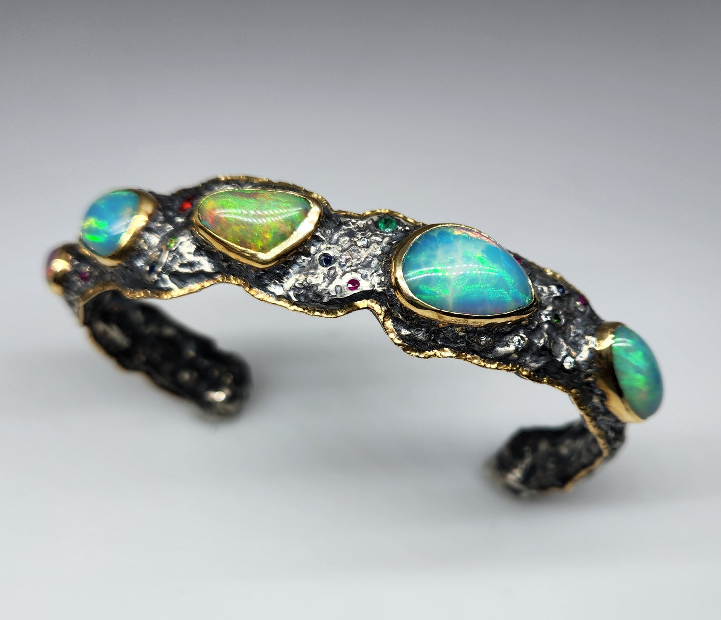 Made To Order - Rustic Silver & Gold Opal Gemstone Cuff Bracelet
