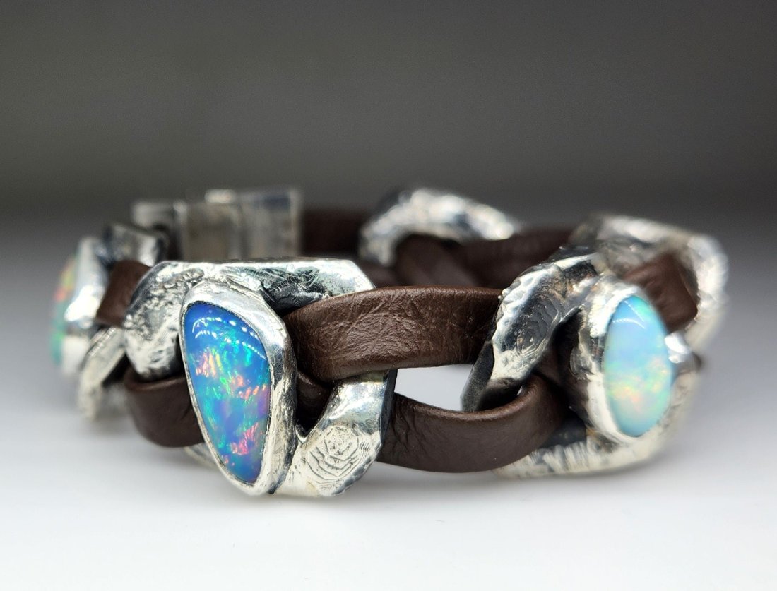 Made To Order - Rustic Silver & Leather Opal Gemstone Link Bracelet