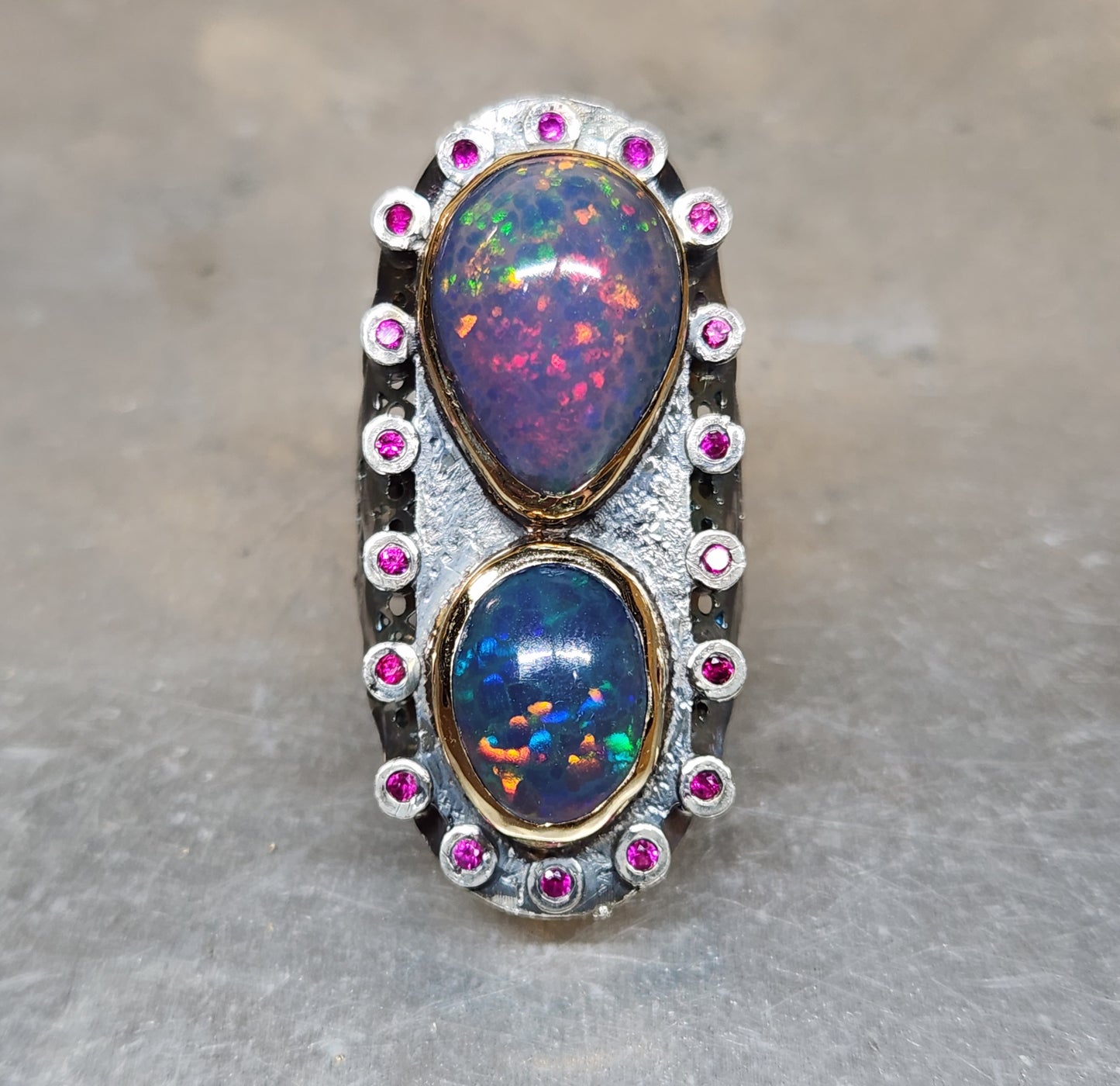 Opal & Ruby Rustic Sterling Silver & Gold Ring #588